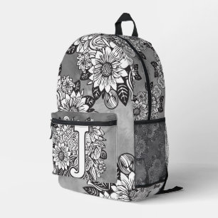 Monogram "J" Zonnebloempatroon Zwart en Wit Doe-he Bedrukte Rugzak