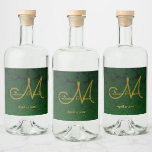 Monogram Jager Groen Goud Bruiloft Receptie Likeurfles Etiket