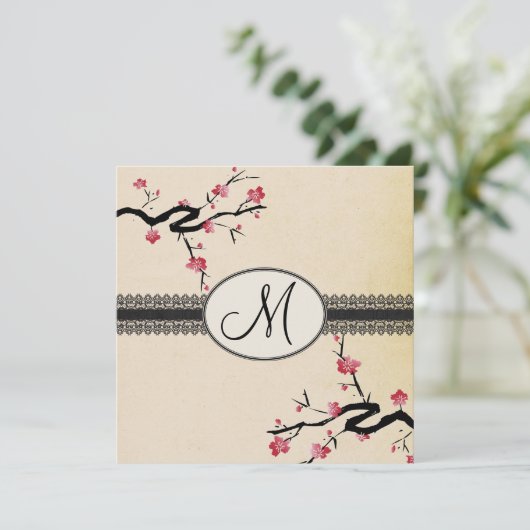 monogram japanese kers bloesems bruiloft kaart (Staand voorkant)