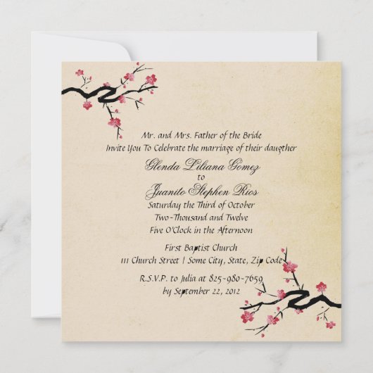 monogram japanese kers bloesems bruiloft kaart (Achterkant)