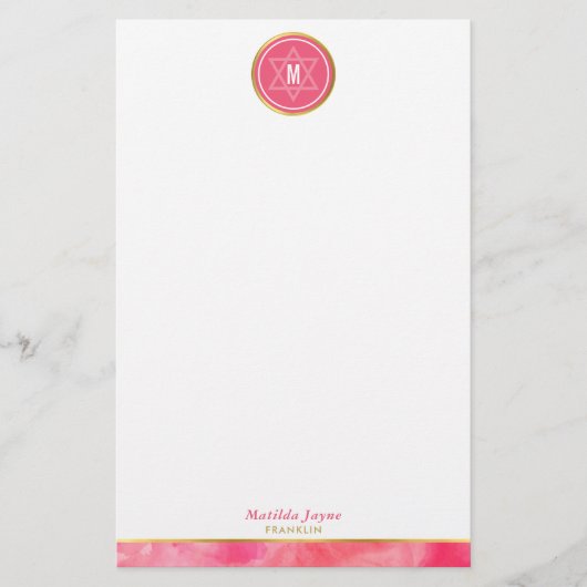 MONOGRAM joodse ster vette blok koraal roze goud Briefpapier (Voorkant)