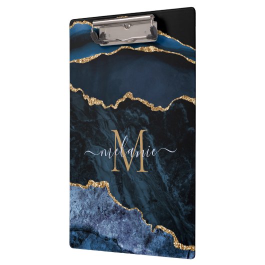 Monogram Jouw naam Navy Blauw Goud Marmer Klembord (Links)