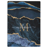 Monogram Jouw naam Navy Blauw Goud Marmer Klembord (Achterkant)