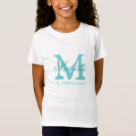 Monogram jr junior bruidsmeisje t shirt voor meisj<br><div class="desc">Gepersonaliseerde monogram jr. junior bruidsmeisje t shirten | Turkoois blauw en witte kleuren. Monografische t - shirts met aangepaste naam in elegante scripttekst. Personaliseren voor bruid,  bruidsmeisjes,  bloem meisje,  meid van eer,  matron van eer,  moeder van de bruid etc. Schattige idee voor huwelijksfeest,  vrijgezellenfeest en vrijgezellenfeest.</div>