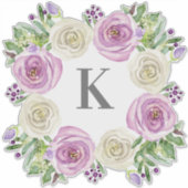 Monogram K Bruiloft Lavendel en witte rozen Bloeme Sticker (Voorkant)