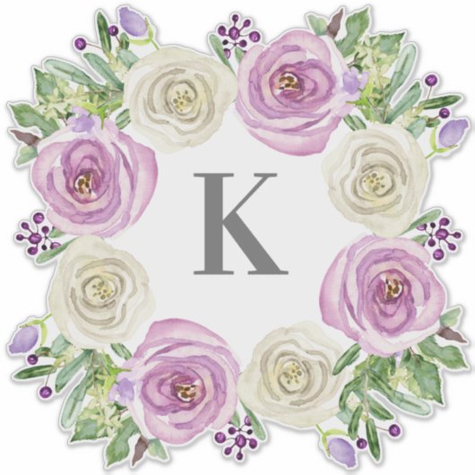 Monogram K Bruiloft Lavendel en witte rozen Bloeme Sticker (Voorkant)