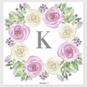 Monogram K Bruiloft Lavendel en witte rozen Bloeme Sticker (Vel)