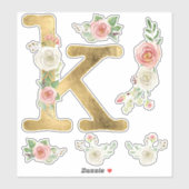 Monogram K Gold Blush Wit Rose Bloemen Waterverf Sticker (Vel)