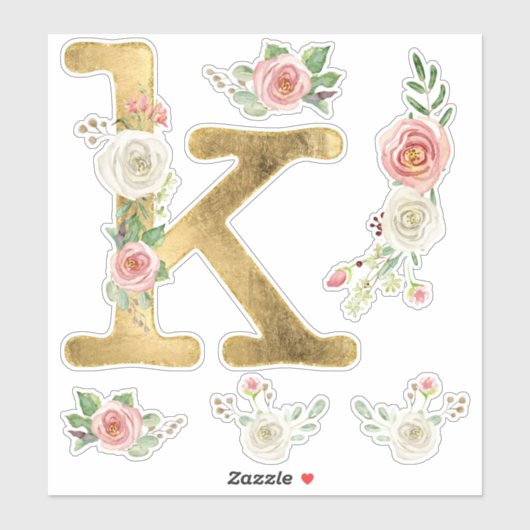 Monogram K Gold Blush Wit Rose Bloemen Waterverf Sticker (Vel)
