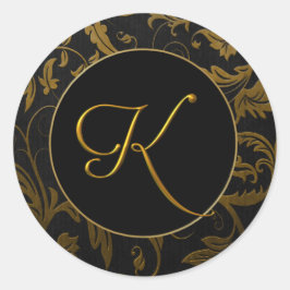 Monogram K Goud en Zwart Damast Trouwzegel Ronde Sticker