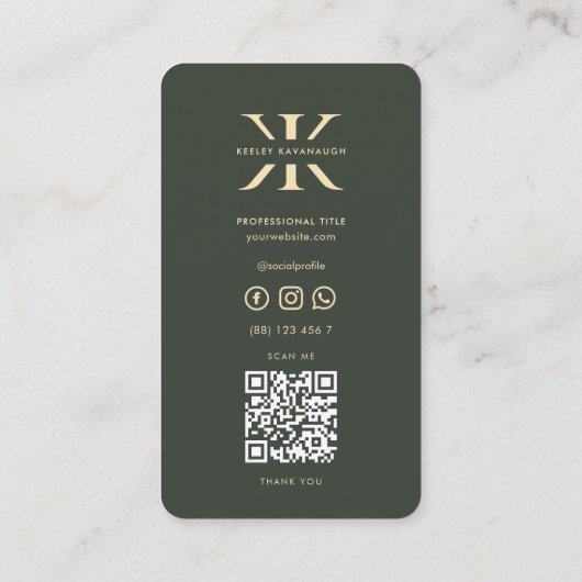 Monogram K Professional Donkergroen Goud Modern Visitekaartje (Achterkant)