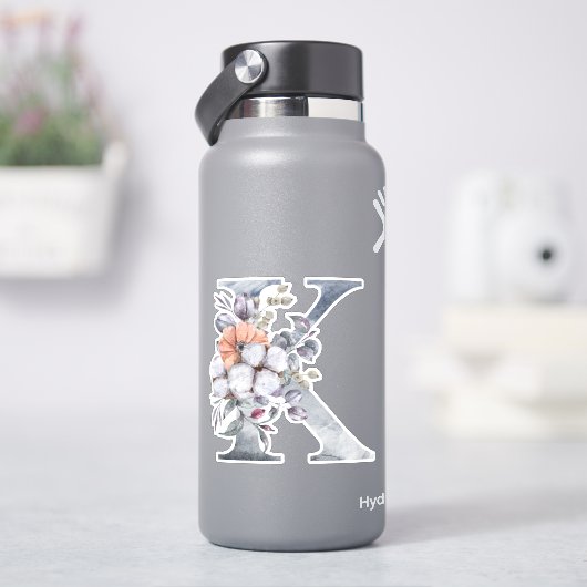 Monogram K Waterverf Blauwe Bloem Initialen K Sticker (HydroFlask)