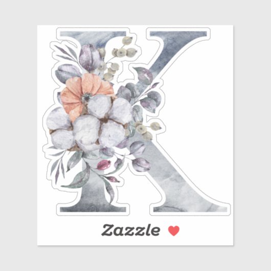Monogram K Waterverf Blue Floral Initiaal K Sticker (Vel)