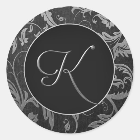 Monogram K Zilver en Zwart Damast Bruiloft Seal Ronde Sticker (Voorkant)