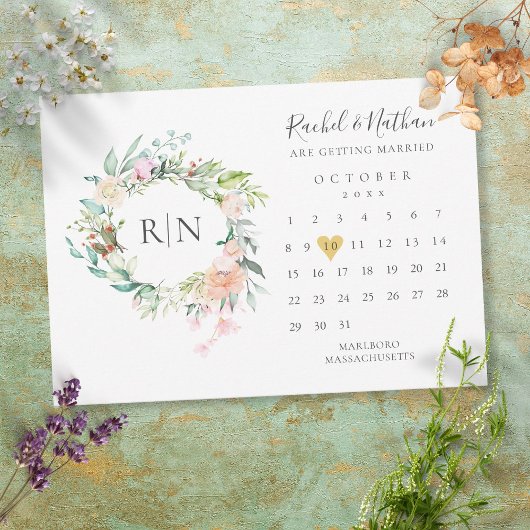 Monogram Kalender Gouden Hart Bloem Bruiloft Save The Date