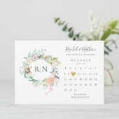Monogram Kalender Gouden Hart Bloem Bruiloft Save The Date (Staand voorkant)