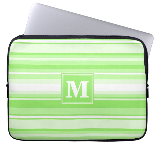 Monogram kalkgroene strepen laptop sleeve (Voorkant)