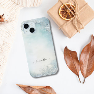 Monogram Kalligrafie Blauw Wit Sneeuwvlokje iPhone 15 Case