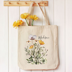 Monogram kalligrafie gedroogde wilde bloemenboeket tote bag