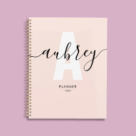 Monogram kalligrafie meisjesachtig roze planner