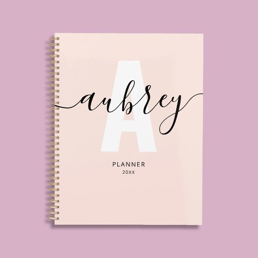 Monogram kalligrafie meisjesachtig roze planner