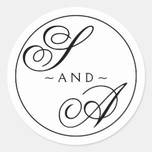 Monogram Kalligrafie zwart-wit Bruiloft Ronde Sticker