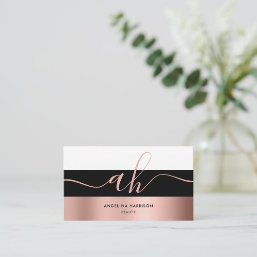 Monogram Kalligrafie Zwart Wit Roos Gouden Strepen Visitekaartje (Staand voorkant)
