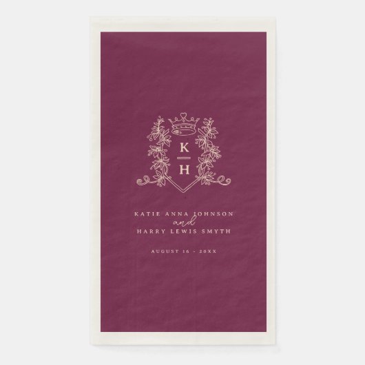 Monogram kam kroon wijn rode perzik bruiloft servet (Voorkant)