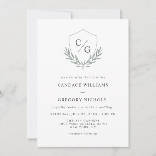 Monogram Kam met Olijftakken Bruiloft Kaart (Voorkant)