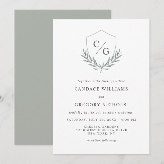 Monogram Kam met Olijftakken Bruiloft Kaart (Voorkant / Achterkant)