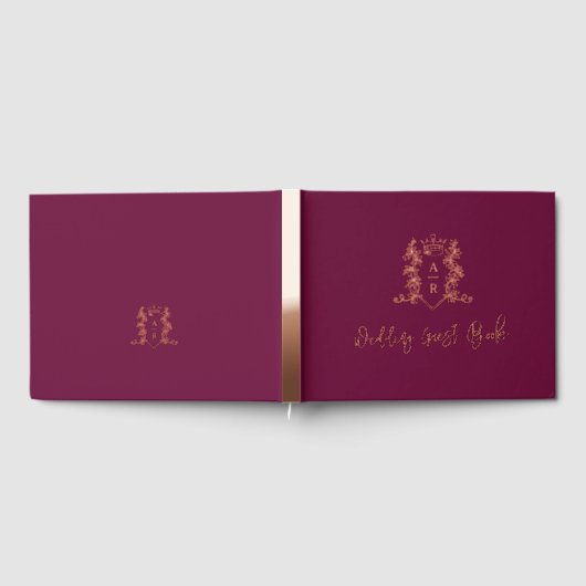 Monogram kam roos gouden donkerrode bruiloftsgast gastenboek (Volledig)