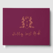 Monogram kam roos gouden donkerrode bruiloftsgast gastenboek (Voorkant)