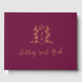 Monogram kam roos gouden donkerrode bruiloftsgast gastenboek