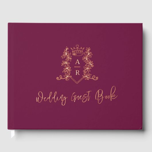 Monogram kam roos gouden donkerrode bruiloftsgast gastenboek (Voorkant)