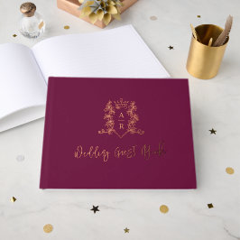 Monogram kam roos gouden donkerrode bruiloftsgast gastenboek