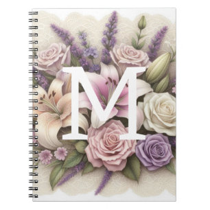 Monogram kant bloemen paarse rozen lavendellelies notitieboek