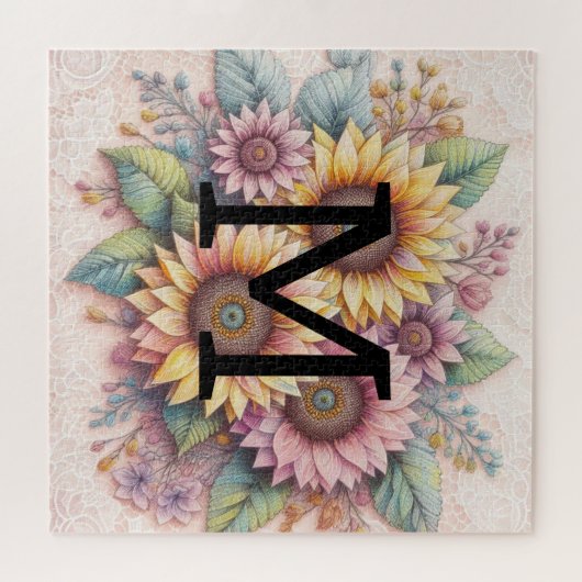 Monogram kant bloemen roze geel sinaasappel zonneb legpuzzel (Horizontaal)