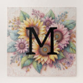 Monogram kant bloemen roze geel sinaasappel zonneb legpuzzel (Verticaal)