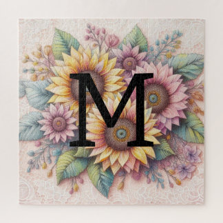 Monogram kant bloemen roze geel sinaasappel zonneb legpuzzel