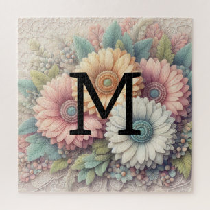 Monogram kant bloemenroze oranje gerbera madeliefj legpuzzel