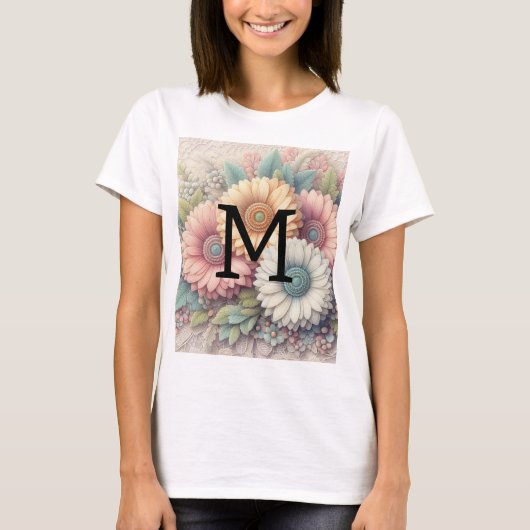 Monogram kant bloemenroze oranje gerbera madeliefj t-shirt (Voorkant)