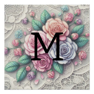 Monogram kant bloemenroze paarse blauwe rozen perfect poster