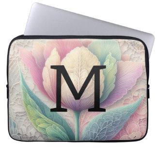 Monogram kant bloemenroze paarse blauwe tulpenbloe laptop sleeve