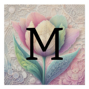 Monogram kant bloemenroze paarse blauwe tulpenbloe perfect poster