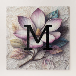 Monogram kant bloemenroze paarse magnolia bloem legpuzzel
