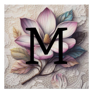 Monogram kant bloemenroze paarse magnolia bloem perfect poster