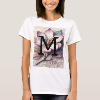 Monogram kant bloemenroze paarse magnolia bloem t-shirt