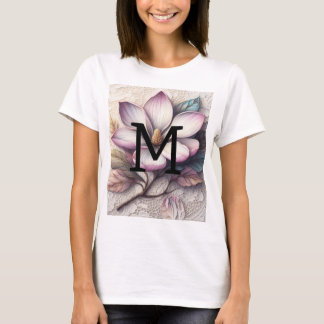 Monogram kant bloemenroze paarse magnolia bloem t-shirt