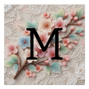 Monogram kant bloemenroze pastel kersenbloesem perfect poster