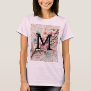 Monogram kant bloemenroze pastel kersenbloesem t-shirt